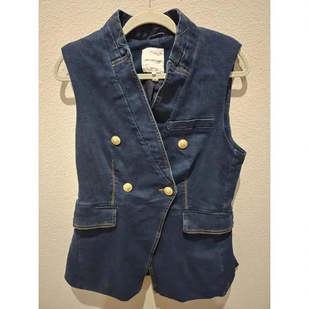 Avec Les Filles Women's Denim Vest Jacket Blue Size S Double Breasted Military